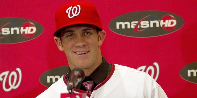 Bryce Harper, the Washington Nationals' No. 1 overall draft pick, talks to the media during a press conference at Nationals Park in Washington, D.C., Thursday, August 26, 2010. (Harry E. Walker/MCT)