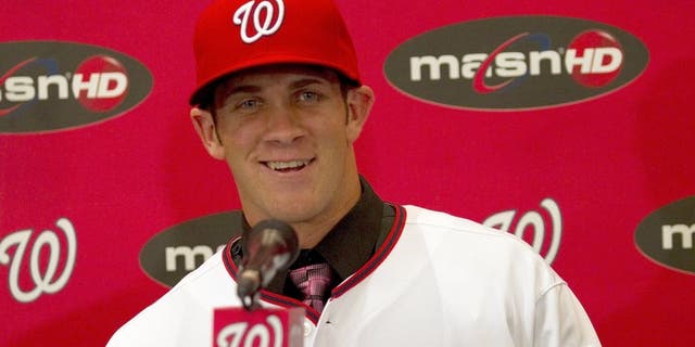 Bryce Harper, the Washington Nationals' No. 1 overall draft pick, talks to the media during a press conference at Nationals Park in Washington, D.C., Thursday, August 26, 2010. (Harry E. Walker/MCT)