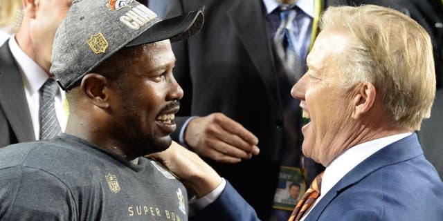SANTA CLARA, CA - FEBRUARY 07: Von Miller (58) of the Denver Broncos talks with John Elway after the game. The Denver Broncos played the Carolina Panthers in Super Bowl 50 at Levi's Stadium in Santa Clara, Calif. on February 7, 2016. (Photo by Joe Amon/The Denver Post via Getty Images)
