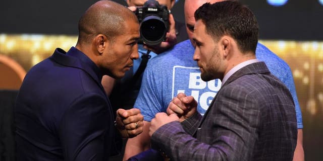 LAS VEGAS, NV - APRIL 20: (L-R) Opponents Jose Aldo of Brazil and Frankie Edgar face off during the UFC 200 press conference at the MGM Grand Garden Arena on April 20, 2016 in Las Vegas, Nevada. (Photo by Josh Hedges/Zuffa LLC/Zuffa LLC via Getty Images)