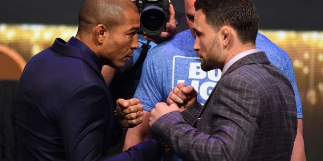LAS VEGAS, NV - APRIL 20: (L-R) Opponents Jose Aldo of Brazil and Frankie Edgar face off during the UFC 200 press conference at the MGM Grand Garden Arena on April 20, 2016 in Las Vegas, Nevada. (Photo by Josh Hedges/Zuffa LLC/Zuffa LLC via Getty Images)