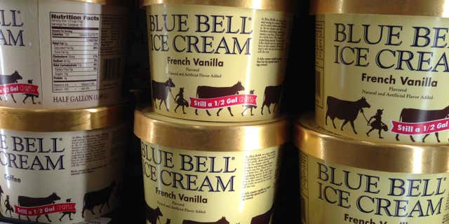 April 10, 2015: Blue Bell ice cream rests on a grocery store shelf in Lawrence, Kan. Blue Bell Creameries will lay off more than a third of its workforce following a series of listeria illnesses linked to its ice cream that prompted a nationwide recall, the Texas company announced.