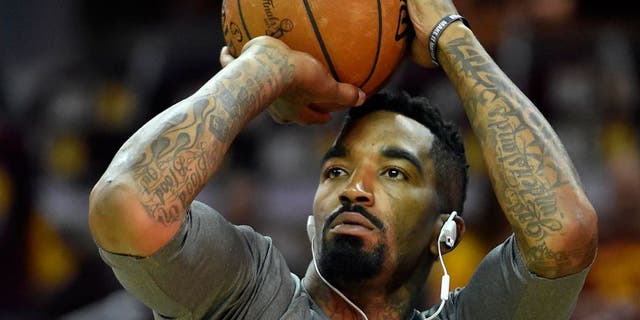 uJun 9, 2015; Cleveland, OH, USA; Cleveland Cavaliers guard J.R. Smith (5) warms up before game three of the NBA Finals against the Golden State Warriors at Quicken Loans Arena. Mandatory Credit: Bob Donnan-USA TODAY Sports