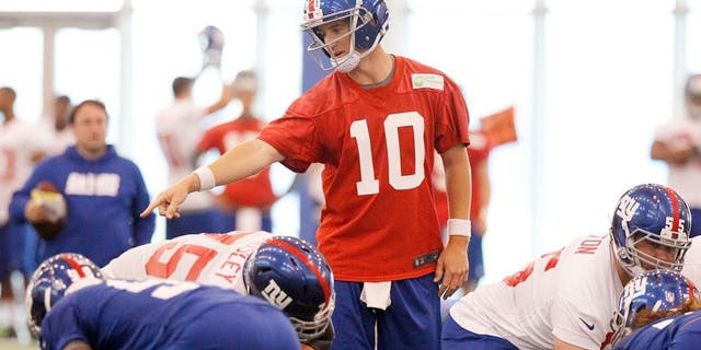 Jun 12, 2014; East Rutherford, NJ, USA; New York Giants quarterback Eli Manning (10) calls a play during New York Giants minicamp at the Quest Diagnostics Training Center. William Perlman/The Star-Ledger-USA TODAY Sports
