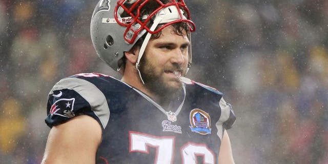 Dec 16, 2012; Foxboro, Massachusetts, USA; New England Patriots tackle Sebastian Vollmer (76) during the third quarter against the San Francisco 49ers during the third quarter at Gillette Stadium. The San Francisco 49ers won 41-34. Mandatory Credit: Greg M. Cooper-USA TODAY Sports