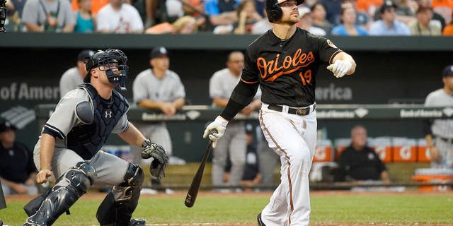 Jun 12, 2015; Baltimore, MD, USA; Baltimore Orioles first baseman Chris Davis (19) hits a three run home run during the third inning against the New York Yankees at Oriole Park at Camden Yards. Mandatory Credit: Tommy Gilligan-USA TODAY Sports