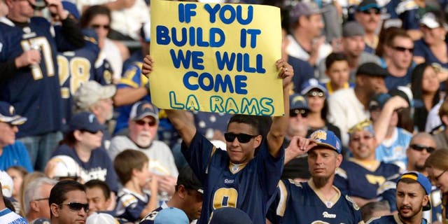 Nov 23, 2014; San Diego, CA, USA; A hopeful Rams fan pleads for a stadium in Los Angeles during the Rams' game against the San Diego Chargers at Qualcomm Stadium. Mandatory Credit: Robert Hanashiro-USA TODAY Sports