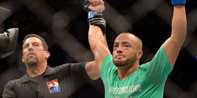 MEXICO CITY, MEXICO - JUNE 13: Eddie Alvarez of the United States celebrates his victory over Gilbert Melendez of the United States in their lightweight bout during the UFC 188 event at the Arena Ciudad de Mexico on June 13, 2015 in Mexico City, Mexico. (Photo by Jeff Bottari/Zuffa LLC/Zuffa LLC via Getty Images)