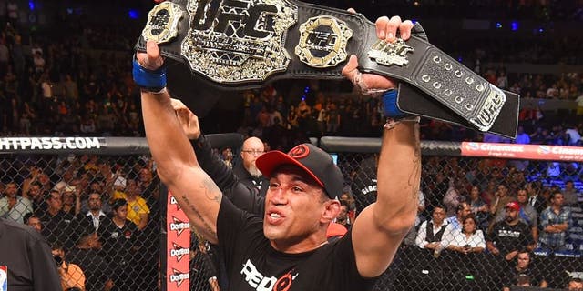 MEXICO CITY, MEXICO - JUNE 13: Fabricio Werdum of Brazil celebrates his submission victory over Cain Velasquez of the United States in their UFC heavyweight championship bout during the UFC 188 event inside the Arena Ciudad de Mexico on June 13, 2015 in Mexico City, Mexico. (Photo by Josh Hedges/Zuffa LLC/Zuffa LLC via Getty Images)