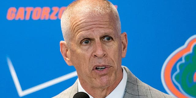 FILE - In this Dec. 6, 2014, file photo, Florida athletic director Jeremy Foley speaks to the media during a press conference in Gainesville, Fla. Foley, one of the most successful college sports leaders in the country the last 25 years, is retiring. The school announced his decision Monday, June 13, 2016, saying Foley will officially step down Oct. 1.(AP Photo/Phil Sandlin, File)