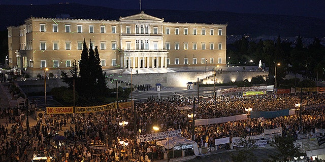 June 15: Demonstrators gather in front of the Parliament in Athens' main Syntagma square.