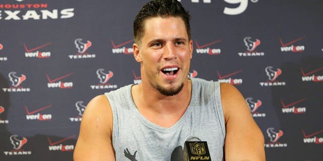 Jun 12, 2015; Houston, TX, USA; Houston Texans linebacker Brian Cushing (56) talks with media after practices during OTA at Houston Methodist Training Center. Mandatory Credit: Troy Taormina-USA TODAY Sports