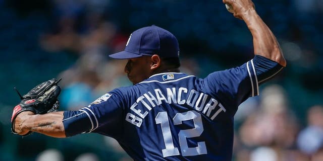 SEATTLE, WA - MAY 31: Starting catcher Christian Bethancourt #12 of the San Diego Padres makes an appearance as a relief pitcher against the Seattle Mariners in the eighth inning at Safeco Field on May 31, 2016 in Seattle, Washington. (Photo by Otto Greule Jr/Getty Images) *** Local Caption *** Christian Bethancourt,SEATTLE, WA - MAY 31: Starting catcher Christian Bethancourt #12 of the San Diego Padres makes an appearance as a relief pitcher against the Seattle Mariners in the eighth inning at Safeco Field on May 31, 2016 in Seattle, Washington. (Photo by Otto Greule Jr/Getty Images)
