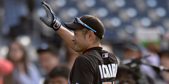 Jun 14, 2016; San Diego, CA, USA; Miami Marlins center fielder Ichiro Suzuki (51) waves to the crowd prior to the game against the San Diego Padres at Petco Park. Mandatory Credit: Jake Roth-USA TODAY Sports