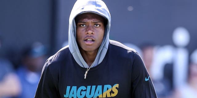 Jacksonville Jaguar cornerback Jalen Ramsey tows a stack of weights during the NFL football team's minicamp in Jacksonville, Fla., Wednesday, June 15, 2016. (AP Photo/Gary McCullough)