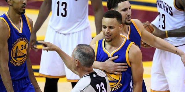 CLEVELAND, OH - JUNE 16: Stephen Curry #30 of the Golden State Warriors reacts as he is ejected from the game during the fourth quarter against the Cleveland Cavaliers in Game 6 of the 2016 NBA Finals at Quicken Loans Arena on June 16, 2016 in Cleveland, Ohio. NOTE TO USER: User expressly acknowledges and agrees that, by downloading and or using this photograph, User is consenting to the terms and conditions of the Getty Images License Agreement. (Photo by Jason Miller/Getty Images)