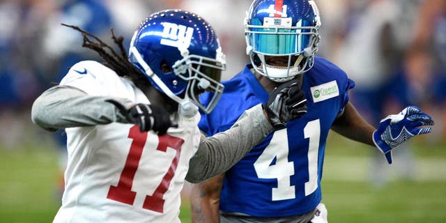 Jun 16, 2015; East Rutherford, NJ, USA; New York Giants cornerback Dominique Rodgers-Cromartie (41) defends wide receiver Dwayne Harris (17) during minicamp at Quest Diagnostics Training Center. Mandatory Credit: Steven Ryan-USA TODAY Sports