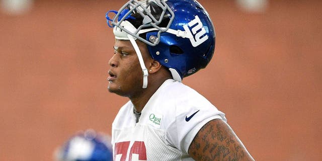 Jun 16, 2015; East Rutherford, NJ, USA; New York Giants tackle Ereck Flowers (76) takes part in practice during minicamp at Quest Diagnostics Training Center. Mandatory Credit: Steven Ryan-USA TODAY Sports