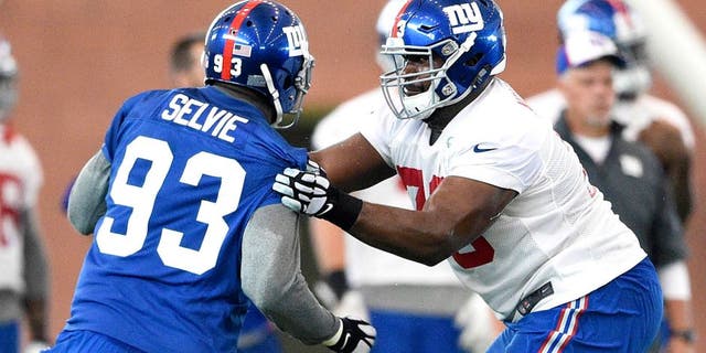 Jun 16, 2015; East Rutherford, NJ, USA; New York Giants tackle Marshall Newhouse (73) blocks defensive end George Selvie (93) during minicamp at Quest Diagnostics Training Center. Mandatory Credit: Steven Ryan-USA TODAY Sports