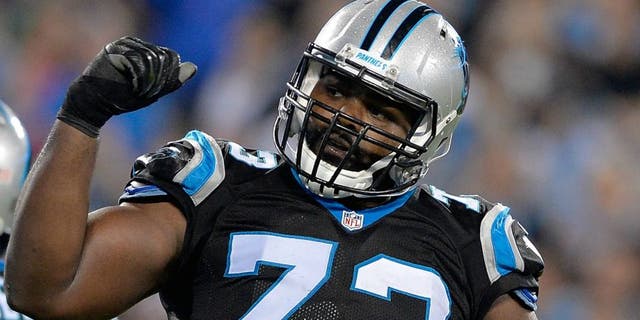 during their game at Bank of America Stadium on October 25, 2015 in Charlotte, North Carolina.,CHARLOTTE, NC - OCTOBER 25: Michael Oher #73 of the Carolina Panthers reacts during their game against the Philadelphia Eagles at Bank of America Stadium on October 25, 2015 in Charlotte, North Carolina. The Panthers won 27-16. (Photo by Grant Halverson/Getty Images)