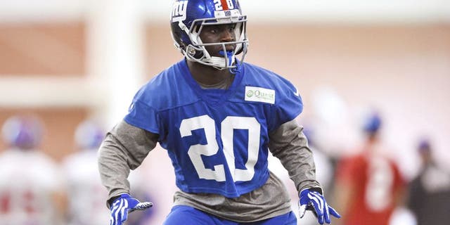 Jun 16, 2015; East Rutherford, NJ, USA; New York Giants cornerback Prince Amukamara (20) takes part in practice during minicamp at Quest Diagnostics Training Center. Mandatory Credit: Steven Ryan-USA TODAY Sports