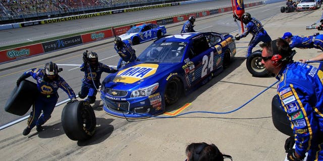 BROOKLYN, MI - JUNE 12: Chase Elliott, driver of the #24 NAPA Auto Parts Chevrolet, pits during the NASCAR Sprint Cup Series FireKeepers Casino 400 at Michigan International Speedway on June 12, 2016 in Brooklyn, Michigan. (Photo by Daniel Shirey/NASCAR via Getty Images)