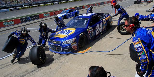 BROOKLYN, MI - JUNE 12: Chase Elliott, driver of the #24 NAPA Auto Parts Chevrolet, pits during the NASCAR Sprint Cup Series FireKeepers Casino 400 at Michigan International Speedway on June 12, 2016 in Brooklyn, Michigan. (Photo by Daniel Shirey/NASCAR via Getty Images)