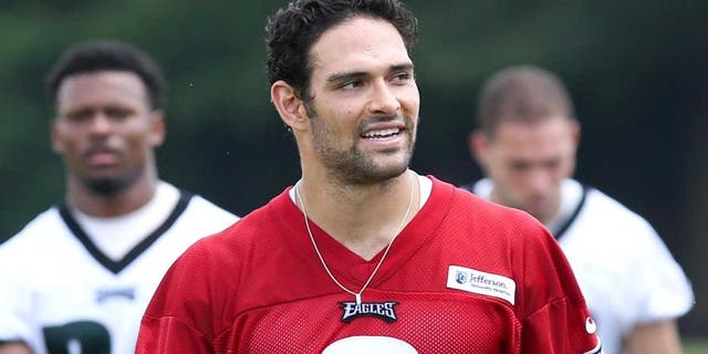 Jun 17, 2014; Philadelphia, PA, USA; Philadelphia Eagles quarterback Mark Sanchez (3) walks off the field at the conclusion of practice at mini camp at the Philadelphia Eagles NovaCare Complex. Mandatory Credit: Bill Streicher-USA TODAY Sports