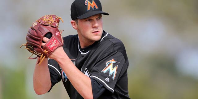 Feb 21, 2016; Jupiter, FL, USA; Miami Marlins pitcher Paul Clemens (50) during work out drills at Roger Dean Stadium. Mandatory Credit: Steve Mitchell-USA TODAY Sports