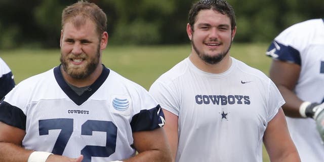 Jun 17, 2014; Dallas, TX, USA; Dallas Cowboys number one draft pick Zack Martin (70) with center Travis Frederick (72) during minicamp at Cowboys headquarters at Valley Ranch. Mandatory Credit: Matthew Emmons-USA TODAY Sports