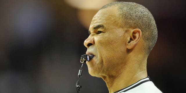 Mar 16, 2016; Cleveland, OH, USA; NBA referee Danny Crawford (43) reacts in the fourth quarter at Quicken Loans Arena. Mandatory Credit: David Richard-USA TODAY Sports