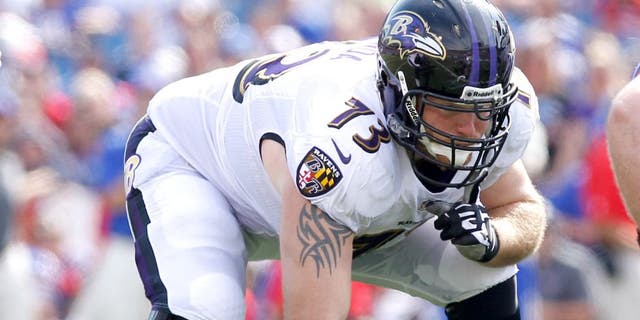 Sep 29, 2013; Orchard Park, NY, USA; Baltimore Ravens guard Marshal Yanda (73) during the game against the Buffalo Bills at Ralph Wilson Stadium. Bills beat the Ravens 23-20. Mandatory Credit: Kevin Hoffman-USA TODAY Sports