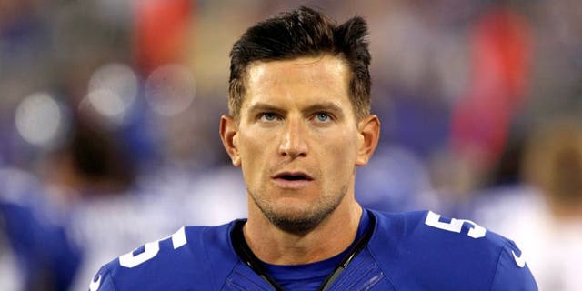 Aug 9, 2014; East Rutherford, NJ, USA; New York Giants punter Steve Weatherford (5) on the sideline during the second quarter against the Pittsburgh Steelers at MetLife Stadium. Mandatory Credit: Noah K. Murray-USA TODAY Sports
