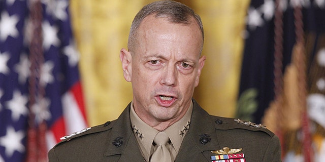 Then-Marine Corps Lt. Gen. John Allen speaks in the East Room of the White House in Washington, April 28, 2011. (Associated Press)