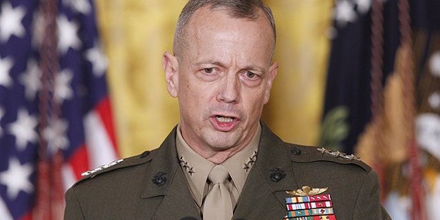 Then-Marine Corps Lt. Gen. John Allen speaks in the East Room of the White House in Washington, April 28, 2011. (Associated Press)