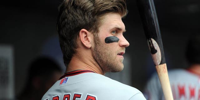Sep 12, 2013; New York, NY, USA; Washington Nationals left fielder Bryce Harper (34) before the game against the New York Mets at Citi Field. Mandatory Credit: Joe Camporeale-USA TODAY Sports