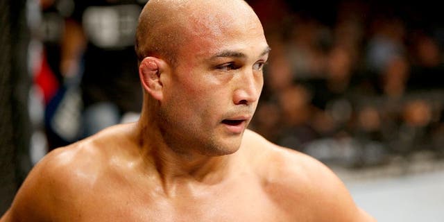 LAS VEGAS, NV - JULY 06: BJ Penn recovers between rounds in his featherweight fight with Frankie Edgar during the Ultimate Fighter Finale inside the Mandalay Bay Events Center on July 6, 2014 in Las Vegas, Nevada. (Photo by Josh Hedges/Zuffa LLC/Zuffa LLC via Getty Images)