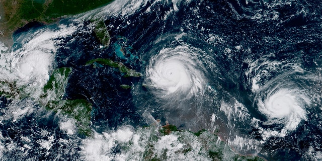 In this GOES-16 geocolor image satellite image taken Sept. 7, 2017, the eye of Hurricane Irma, center, is just north of the island of Hispaniola, with Hurricane Katia, left, in the Gulf of Mexico, and Hurricane Jose, right, in the Atlantic Ocean. Irma, a fearsome Category 5 storm, cut a path of devastation across the northern Caribbean.