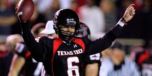 LUBBOCK, TX - NOVEMBER 17: Quarterback Graham Harrell #6 of the Texas Tech Red Raiders reacts after a 34-27 win against the Oklahoma Sooners at Jones AT&T Stadium on November 17, 2007 in Lubbock, Texas. (Photo by Ronald Martinez/Getty Images)