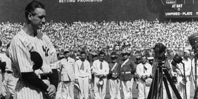 NEW YORK - JULY 4, 1939. Lou Gehrig, first baseman for the New York Yankees, is shown at the microphone during Lou Gehrig Appreciation Day, a farewell to the slugger, at Yankee Stadium on July 4, 1939. (Photo by Mark Rucker/Transcendental Graphics, Getty Images) *** Local Caption *** Lou Gehrig