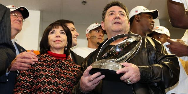 Jan 20, 2013; Atlanta, GA, USA; San Francisco 49ers former owner Eddie DeBartolo (right) and co-chair Denise DeBartolo York (left) present the trophy for the NFC Championship game against the Atlanta Falcons at the Georgia Dome. The 49ers won 28-24. Mandatory Credit: Matthew Emmons-USA TODAY Sports