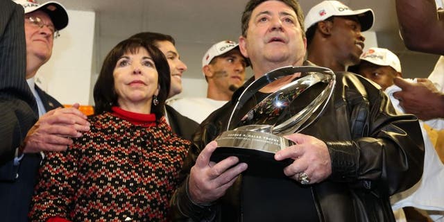 Jan 20, 2013; Atlanta, GA, USA; San Francisco 49ers former owner Eddie DeBartolo (right) and co-chair Denise DeBartolo York (left) present the trophy for the NFC Championship game against the Atlanta Falcons at the Georgia Dome. The 49ers won 28-24. Mandatory Credit: Matthew Emmons-USA TODAY Sports
