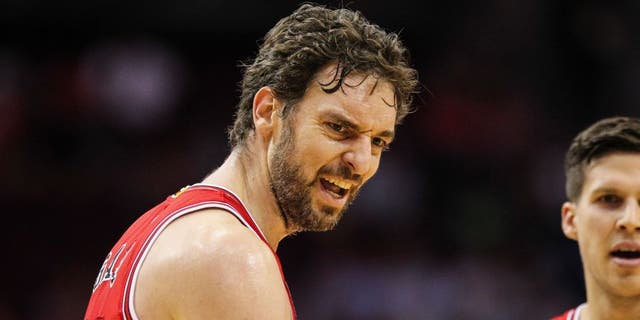 Mar 31, 2016; Houston, TX, USA; Chicago Bulls center Pau Gasol (16) reacts after a play during the first quarter against the Houston Rockets at Toyota Center. Mandatory Credit: Troy Taormina-USA TODAY Sports
