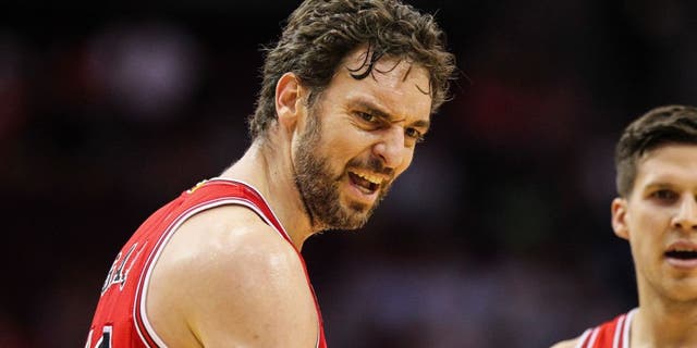 Mar 31, 2016; Houston, TX, USA; Chicago Bulls center Pau Gasol (16) reacts after a play during the first quarter against the Houston Rockets at Toyota Center. Mandatory Credit: Troy Taormina-USA TODAY Sports