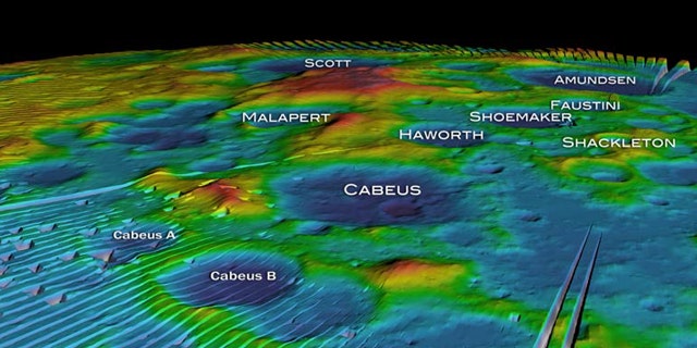 This mosaic, taken from a NASA animation, shows altitude measurements of the moon's south pole from the LOLA instrument aboard the Lunar Reconnaissance Orbiter.