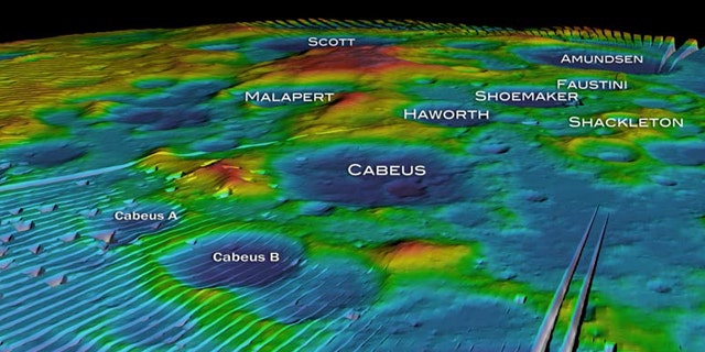 This mosaic, taken from a NASA animation, shows altitude measurements of the moon's south pole from the LOLA instrument aboard the Lunar Reconnaissance Orbiter.