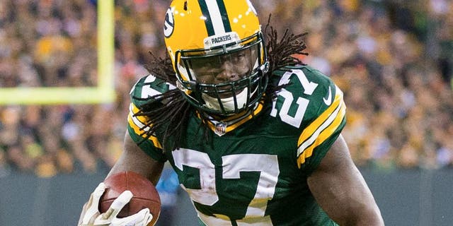 Nov 9, 2014; Green Bay, WI, USA; Green Bay Packers running back Eddie Lacy (27) during the game against the Chicago Bears at Lambeau Field. Green Bay won 55-14. Mandatory Credit: Jeff Hanisch-USA TODAY Sports