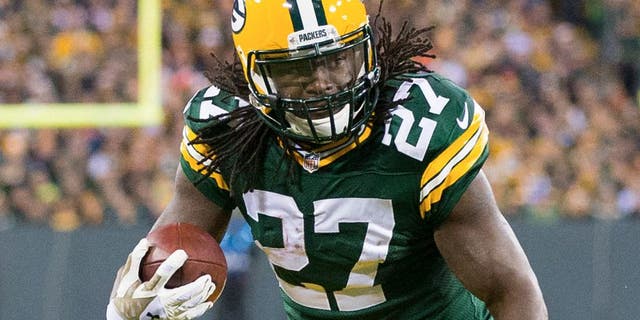 Nov 9, 2014; Green Bay, WI, USA; Green Bay Packers running back Eddie Lacy (27) during the game against the Chicago Bears at Lambeau Field. Green Bay won 55-14. Mandatory Credit: Jeff Hanisch-USA TODAY Sports