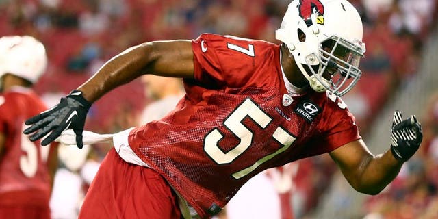 Jun. 11, 2013; Glendale, AZ, USA: Arizona Cardinals linebacker Alex Okafor during mini camp at University of Phoenix Stadium. Mandatory Credit: Mark J. Rebilas-USA TODAY Sports