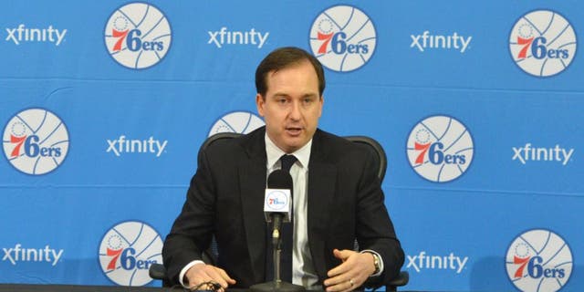 PHILADELPHIA, PA - JUNE 27: Sam Hinkie, President of Basketball Operations and General Manager of the Philadelphia 76ers, speaks with the media during a press conference on June 27, 2014 at the Philadelphia College of Osteopathic Medicine in Philadelphia, Pennsylvania. NOTE TO USER: User expressly acknowledges and agrees that, by downloading and or using this photograph, User is consenting to the terms and conditions of the Getty Images License Agreement. Mandatory Copyright Notice: Copyright 2014 NBAE (Photo by Jesse D. Garrabrant/NBAE via Getty Images)